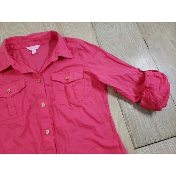 Lilly Pulitzer Cruiser Camp Shirt Button Up Pink Size 2 Gold Tone Buttons Blouse - Picture 4 of 9